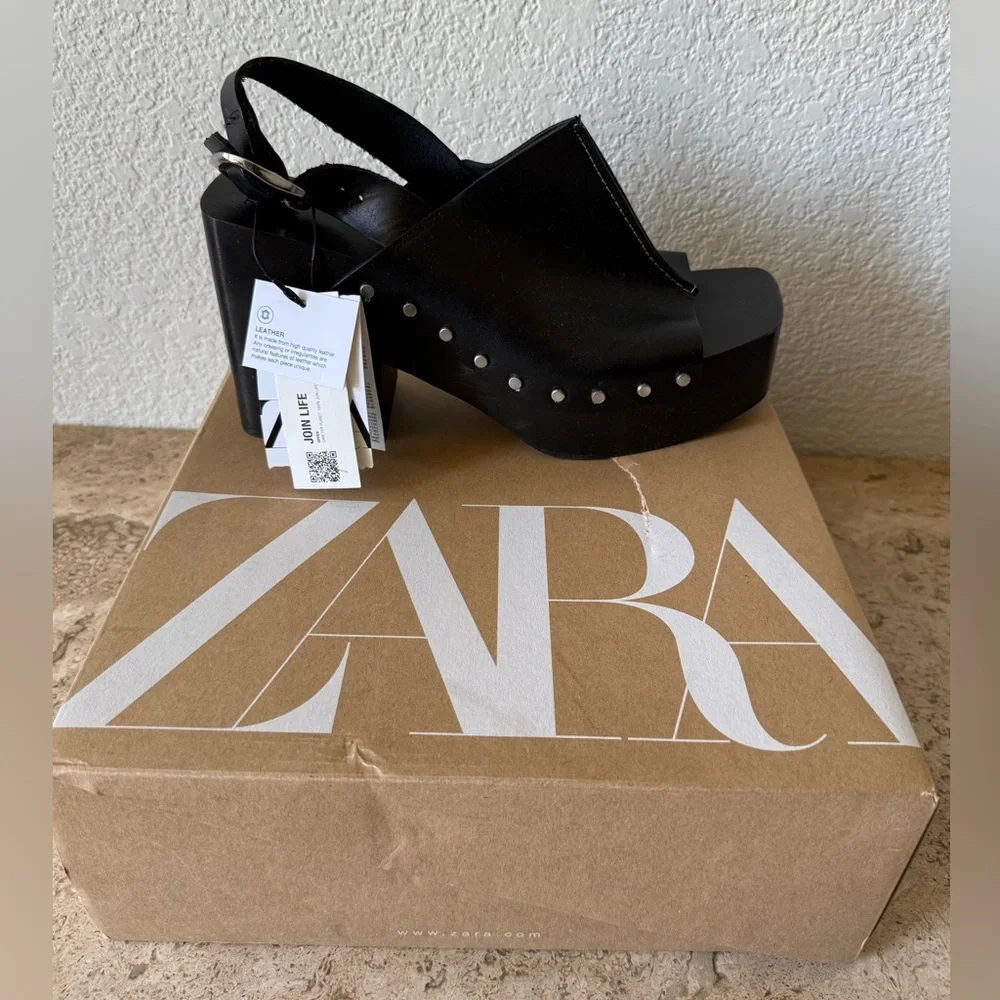 ZARA Slimg Back Leather and Wood Platform Clog - Picture 11 of 11